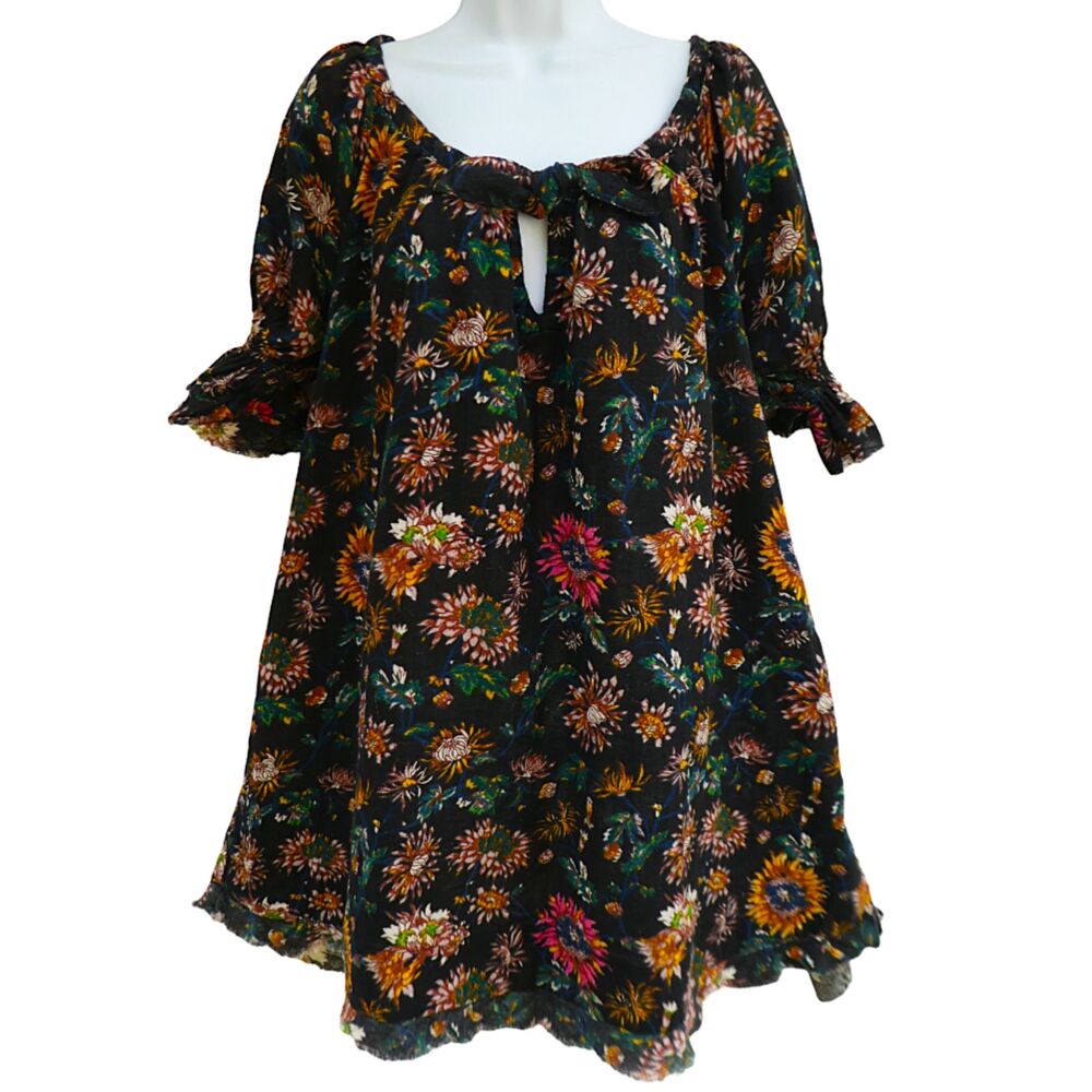 Natural Life Black Floral Babydoll Dress Bow Tie Keyhole Half Sleeve Pockets M